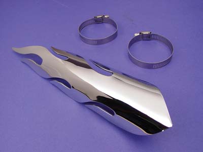 Chrome Flame Drag Exhaust Pipes 11 in. Heat Shield for Harley