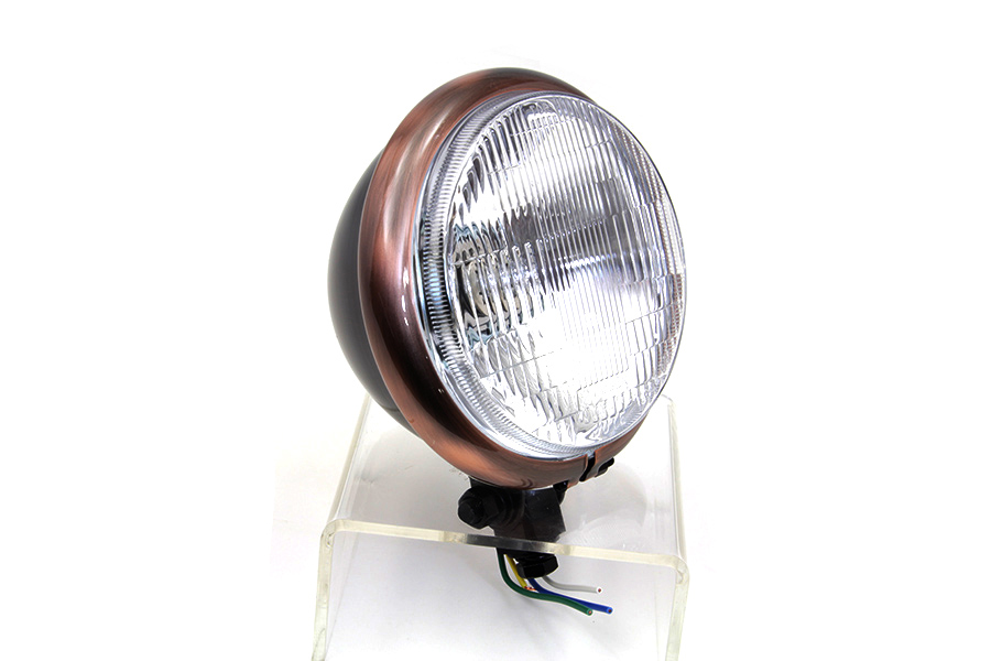 5-3/4" Black Headlamp with Copper Trim Ring, 12 Volt