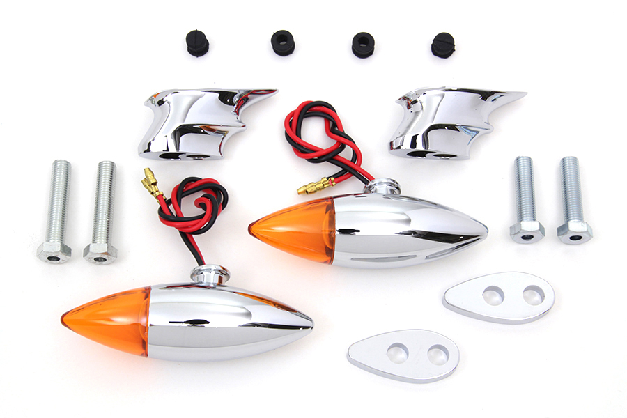 Chrome Torpedo Bullet Style Marker Lamp Set, Amber Lens