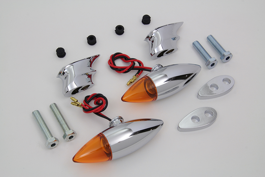 Chrome Torpedo Bullet Style Marker Lamp Set, Amber Lens