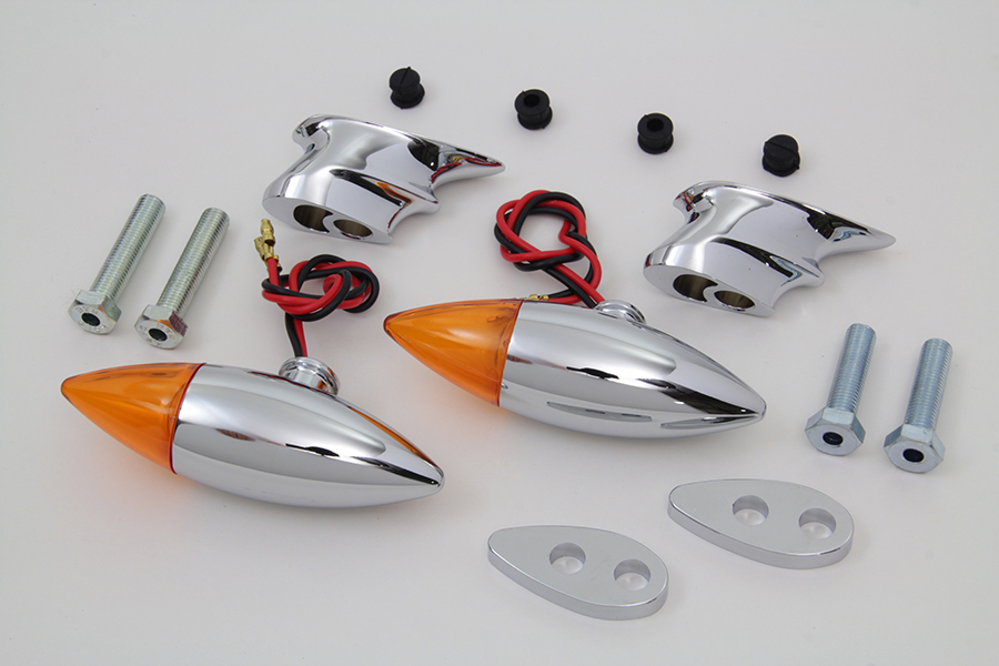 Chrome Torpedo Bullet Style Marker Lamp Set, Amber Lens