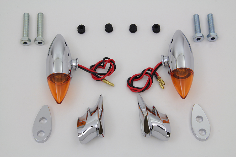 Chrome Torpedo Bullet Style Marker Lamp Set, Amber Lens