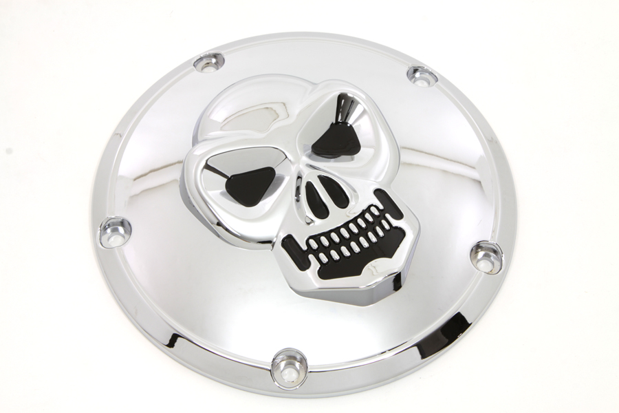 Chrome & Black 5-Hole Skull Derby Cover for 1999-Up Harley Big Twins