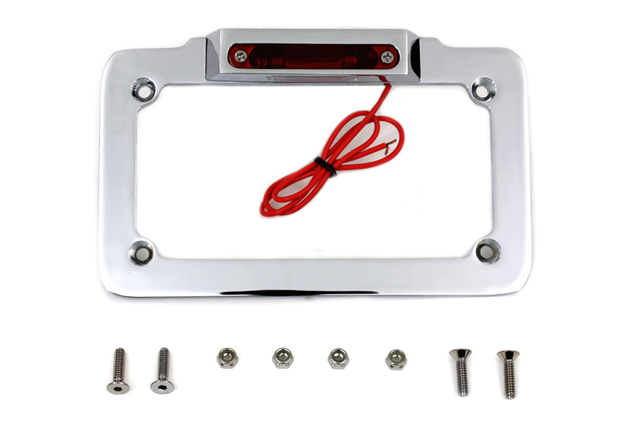 License Plate Frame Chrome Billet with Red LED Top Lamp