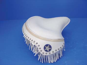 White Leather Solo Seat w/ Fringe Skirt for 1929-84 Harley Big Twin